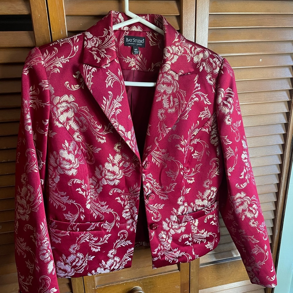 deep red and gold bay studio woman’s blazer